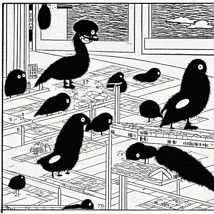 Image similar to a still frame from comic strip, black funny hairy bird 1 9 5 0, hasui kawase, herluf bidstrup, new yorker illustration, monochrome bw, lineart, manga, tadanori yokoo, simplified, isometric blueprint