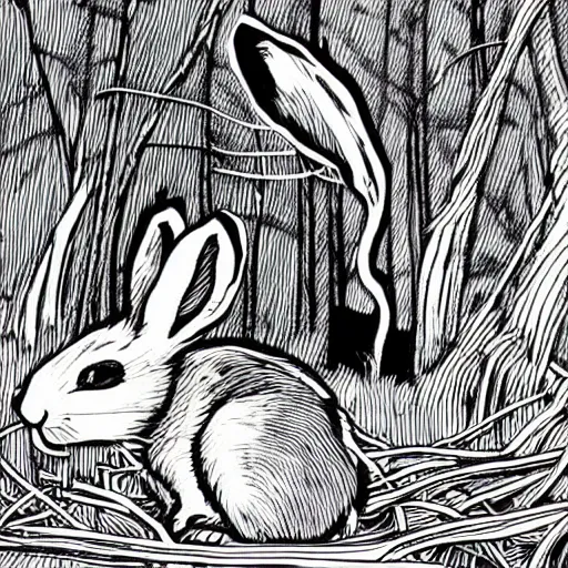 Prompt: black - and - white line art illustration of a playful, wry rabbit deep in a tangled forest, smoking a cigarette, with smoke rising, whimsical masterpiece