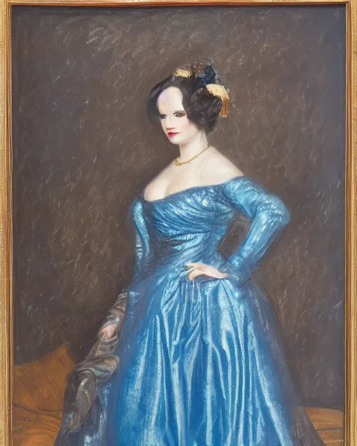 Prompt: an expensive portrait of a poised woman in metallic starry blue long structured robes, high collar, large fascinator, muted background