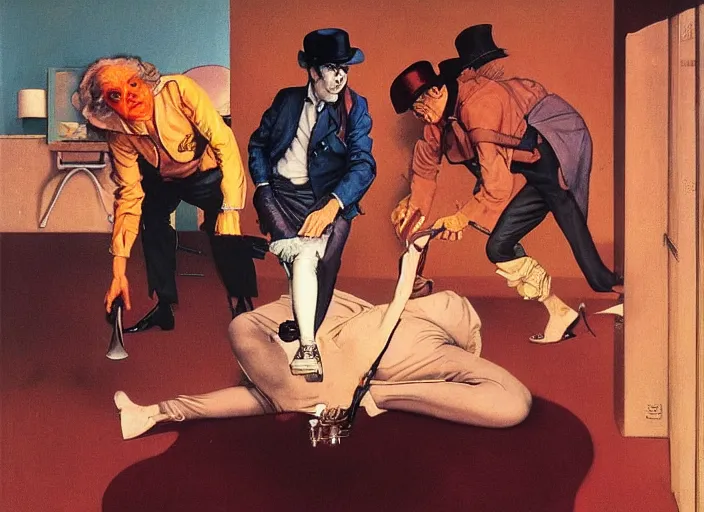 Prompt: a still from the film clockwork orange by francis bacon, surreal, norman rockwell and james jean, greg hildebrandt, and mark brooks, triadic color scheme, by greg rutkowski, in the style of francis bacon and syd mead and edward hopper and norman rockwell and beksinski, dark surrealism, open ceiling