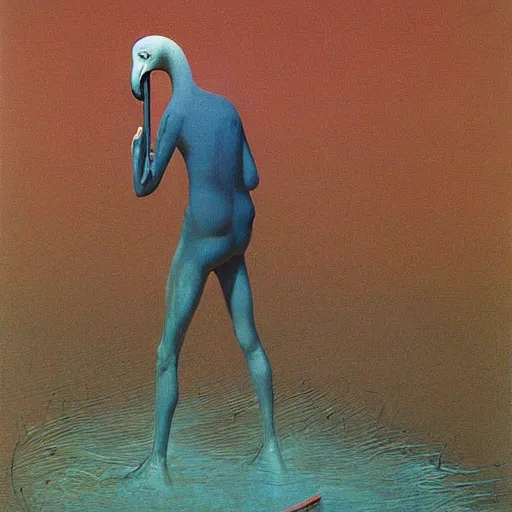 Prompt: flamingo with a shotgun by Zdzisław Beksiński, painting