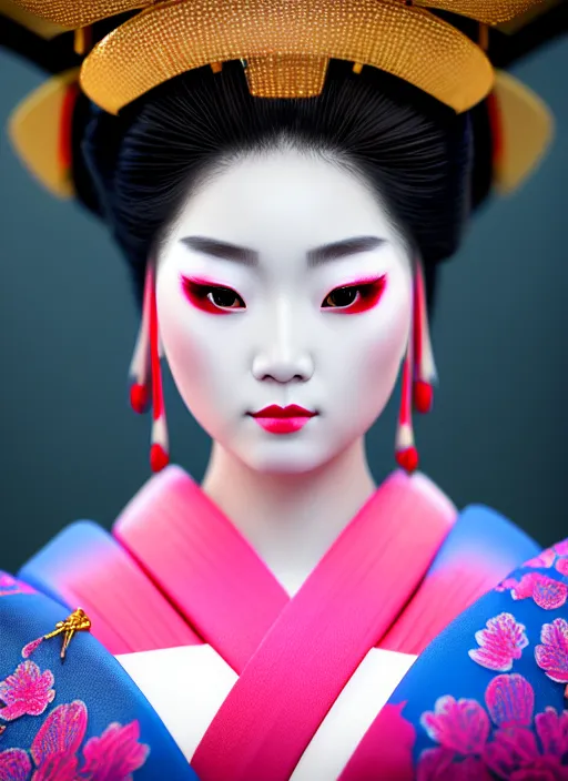 Image similar to Geisha extreme closeup photo portrait, beautiful makeup, pearlescent skin, elegant pose, highly detailed kimono, photorealism, artstation, different point of view, sharp focus, photorealistic, soft diffuse lights, canon 5D 50 mm lens, zen natural background, def of field
