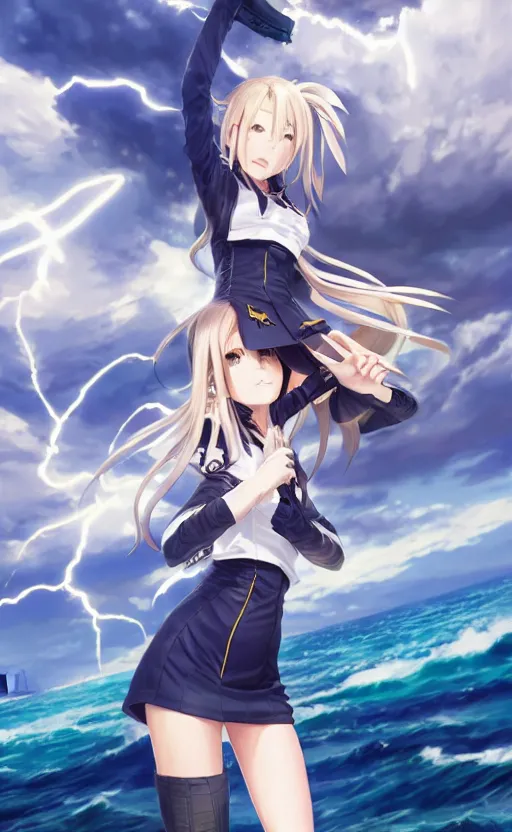Prompt: highly detailed, character art, octane, stunning, realistic lightning, realistic ocean, characters from azur lane, matte, sharp focus, intricate, 150mm, illustration, artstation, professional digital painting, by masashi kishimoto and yoshihiro togashi, realistic anatomy, smooth, female sailor uniforms, explosions, a single girl in the view