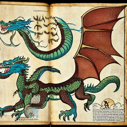 Prompt: scan of XVI century encyclopedia diagram presenting different dragon types, with informative text and diagrams