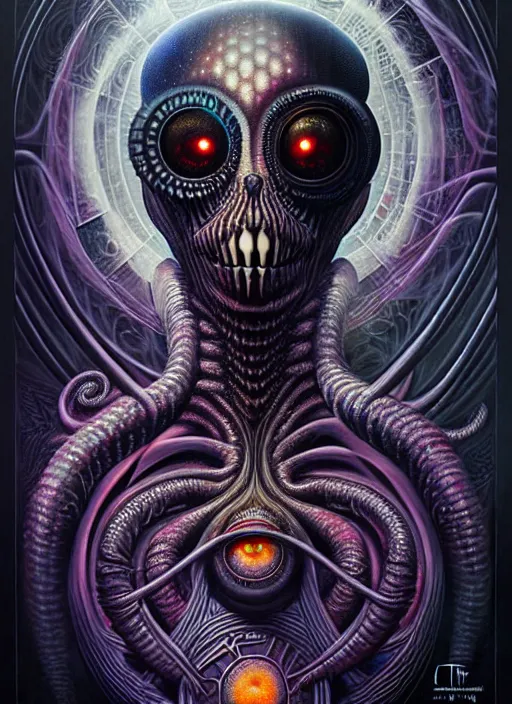 Image similar to cosmic lovecraft giger fractal spider portrait, pixar style, by tristan eaton stanley artgerm and tom bagshaw.