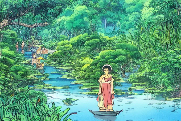 Image similar to sri lankan river and jungle, drawn by hayao miyazaki