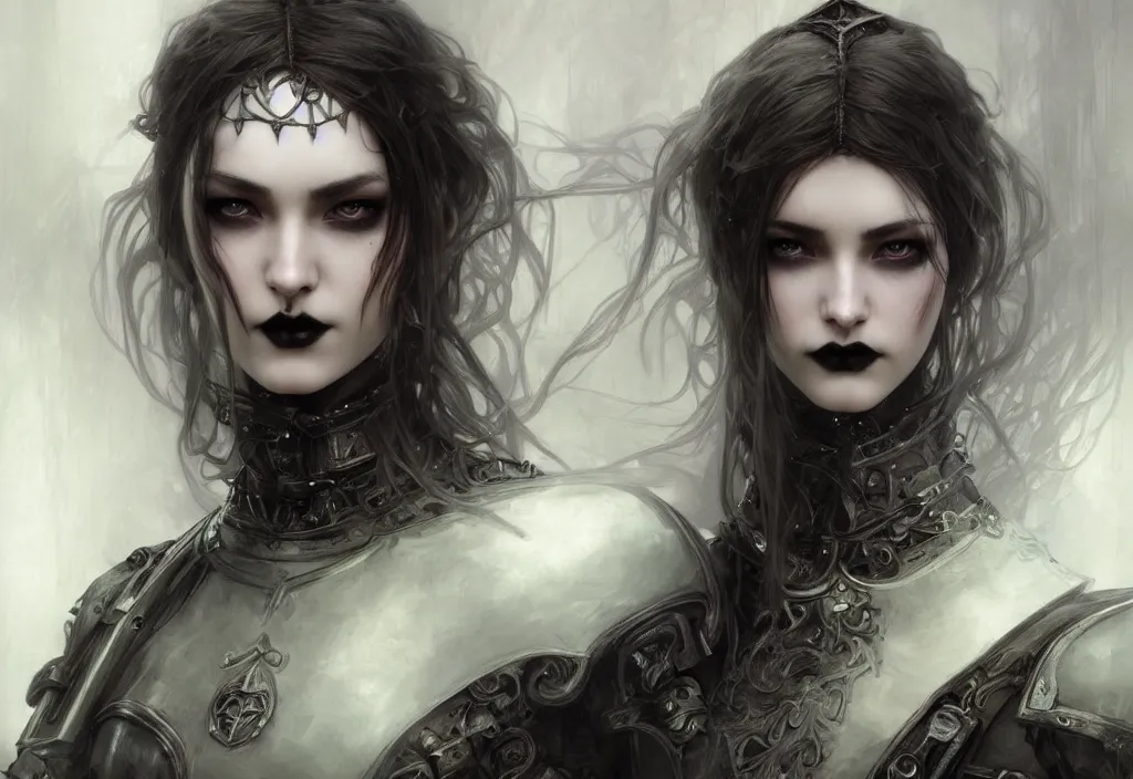 Image similar to beautiful and gothic and evil and dieselpunk young medieval female knight portrait + smoky eyes + front face with light flowing hair, ultradetail face, art and illustration by tian zi and craig mullins and wlop and alphonse mucha, fantasy, intricate complexity, human structure, human anatomy, fantasy character concept, watermark, blurry, hyperrealism 8 k