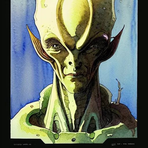 Image similar to a simple and atmospheric watercolour portrait of a pulp sci - fi alien god, very muted colors, by rebecca guay, michael kaluta, charles vess and jean moebius giraud