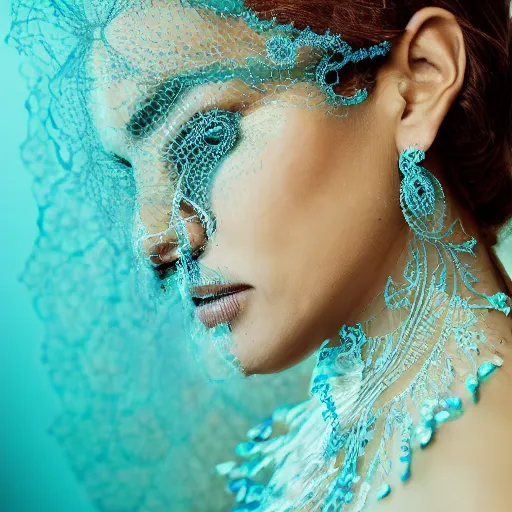 Image similar to a regal brown woman wearing an intricate and detailed armor made of azure ocean waves. layers. textures. delicate. translucent. soft. ethereal. fragile. vulnerable. studio portrait. photorealistic.