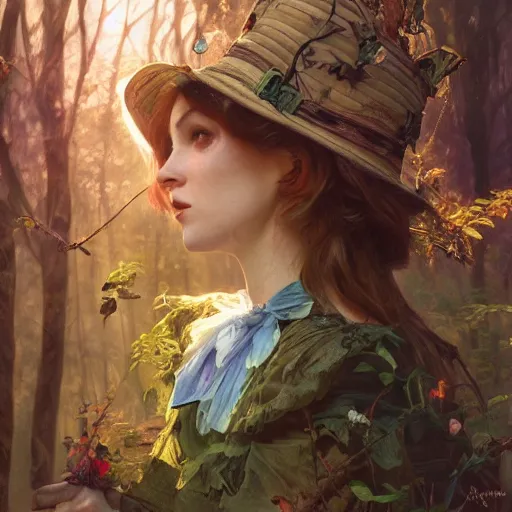 Image similar to close up portrait of alice in wonderland, magical forest, dramatic lighting, high detail, painted, by greg rutkowski, painted by stanley artgerm, painted by alphonse mucha, trending on artstation