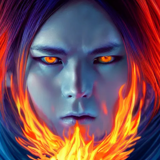 Image similar to rimuru tempest from tensura holding fire in his palm, with amber eyes of golden colored eyes, straight hair, sky blue hair, long bangs, high collar, concept art, award winning photography, digital painting, cinematic, wlop, 8 k, by ross tran, tom bagshaw, andy warhol