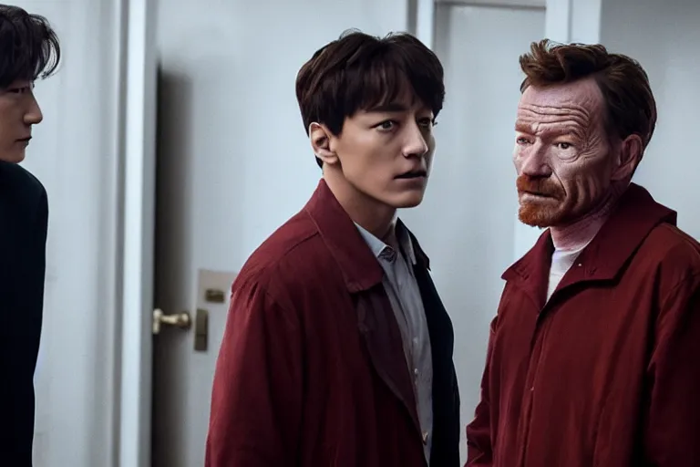 Image similar to film still of jungkook and bryan cranston in cosmic horror! the musical by david cronenberg, horror sci fi, 3 5 mm film, atmospheric, ultra fine detail, film grain, photorealistic