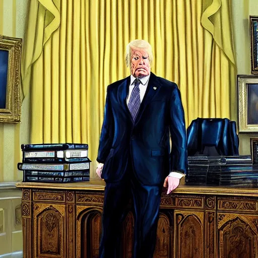 Image similar to senator armstrong!!!!!!!!!!! from metal gear rising revengeance!!!!!!!! sitting behind resolute desk, oil painting, presidential portrait, oval office