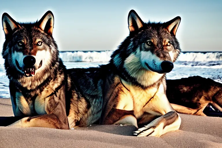 Image similar to professional photo of a shark body and canine wolf muzzle head half wolf half shark strange chimera discovered on the beach