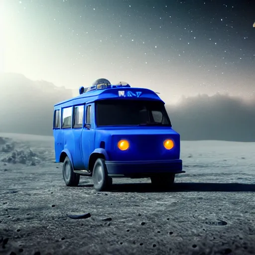 Prompt: a dark blue mototaxi traveling on the surface of the moon, moon craters, night sky, milky way, hard lighting, matte painting, concept art, 4k