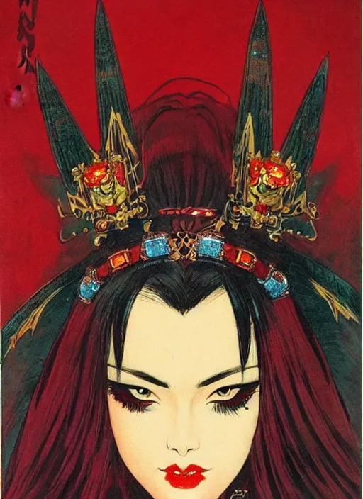 Prompt: mighty female korean vampiress, jeweled headdress, heavy mascara, strong line, saturated color, beautiful! coherent! by frank frazetta, high contrast, minimalism