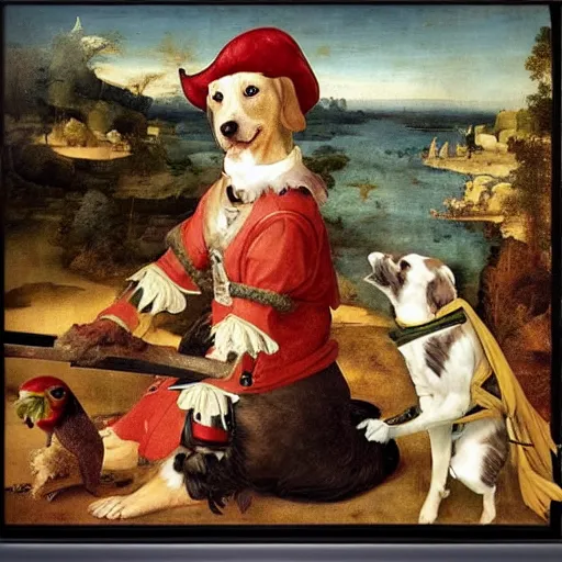Prompt: a pirate dog with a parrot on it's shoulder, renaissance painting, wide view