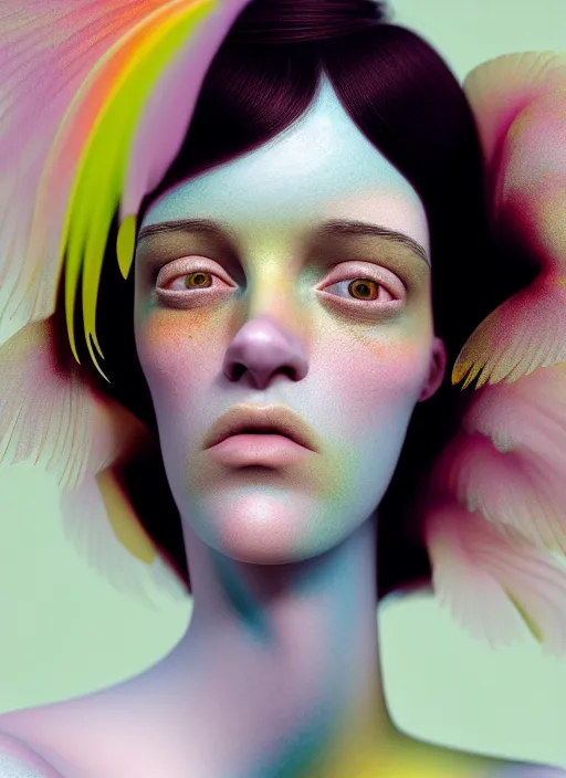 Image similar to Kodak Portra 400, 8K, soft light, volumetric lighting, highly detailed, fine art portrait photography in style of Tim Walker , britt marling face 3/4 morphing with soft pastel colors tropical fishes, metamorphosis complex 3d render , 150 mm lens, soft blur background, bust with intricate details, elegant, hyper realistic, ultra detailed, octane render, etheric, outworldly colours, emotionally evoking, head in focus, fantasy, ornamental, intricate, elegant, 8K, soft light, volumetric underwater lighting, highly detailed, Refined, Highly Detailed, soft lighting colors scheme, fine art photography, Hyper realistic, photo realistic