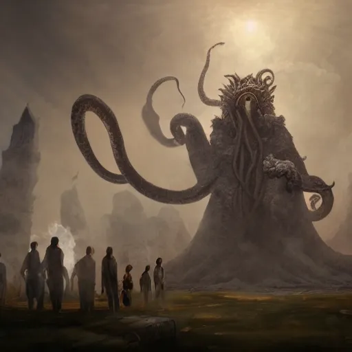 Prompt: Giant smoke monster coming out of the ground, thick swirling smoke, Nyarlathotep, Tentacles, mist, dramatic lighting, Byzantine ruins, surrounded by priests, worshipers, desert, cinematic, epic lighting, trending on artstation