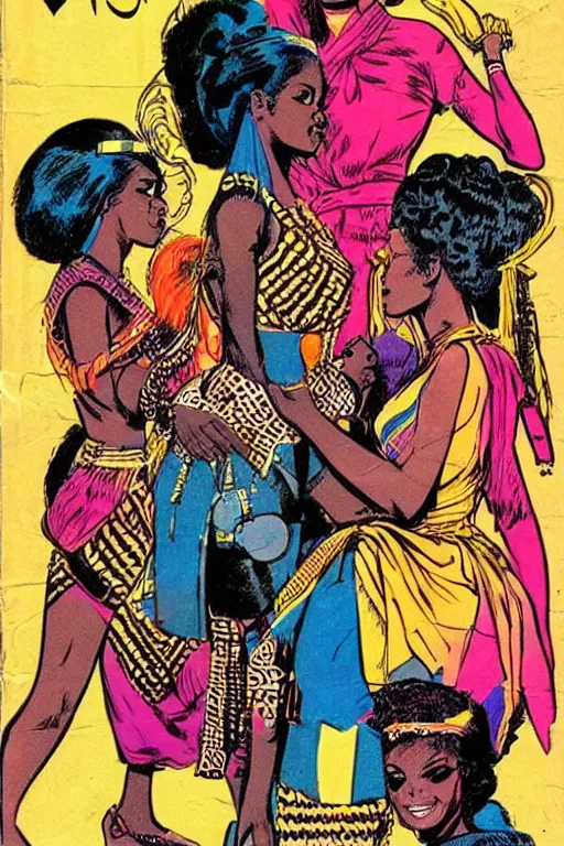 Prompt: !dream native african girls drawn by Jack Kirby, vintage 70s comic cover