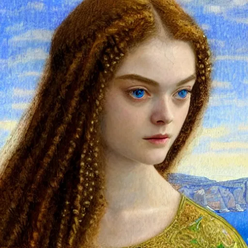 Image similar to professional painting of Elle Fanning in Santorini in the style of Eleanor Fortescue-Bricksdale, head and shoulders portrait, symmetrical facial features, smooth, sharp focus, illustration, intricate, stormy weather, extremely detailed masterpiece,