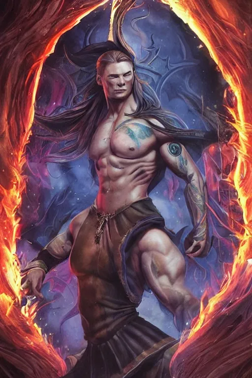 Prompt: muscular sam winchester as a mage tattooed in the cover of an acotar book, sarah j. maas, d & d!, fantasy style, sharp focus!, ultra detailed, art by artgerm and peter andrew jones, wlop