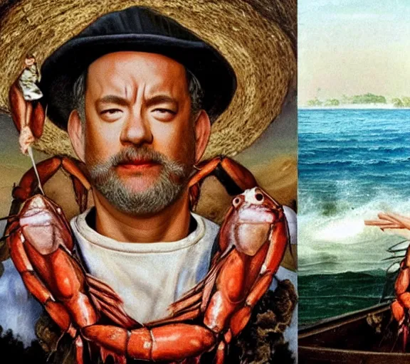 Image similar to Tom hanks as forrest gump fishing for shrimp in a giant shrimp boat, realistic face, renaissance painting, amazing detail