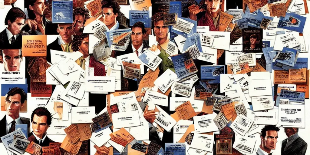 Image similar to patrick bateman, detailed fantasy art, stacks of business cards, 8 0's office