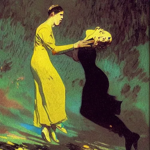 Image similar to dayglo yellow, fantastic planet loose, blocks by alfred augustus glendening. this illustration was painted in 1 9 3 7 during the guerra civil espanola. the woman in the illustration is weeping. she is wearing a black dress & a black veil. her face is distorted by grief. the illustration is dark & somber.