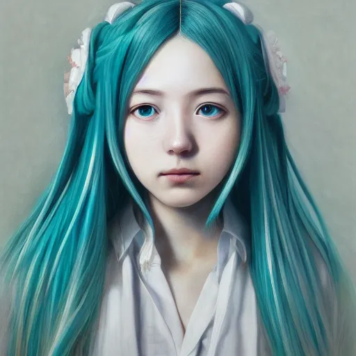 Image similar to cinematic portrait of hatsune miku, intricate, elegant, by alyssa monks, highly detailed, symmetrical face, fine details, masterpiece, trending on artstation