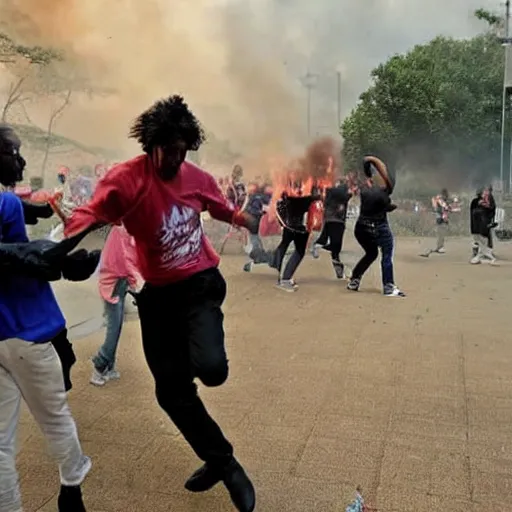 Prompt: a campus burning, the professor was on fire running in terror, the students are dancing around in joy, journalism photo, realistic