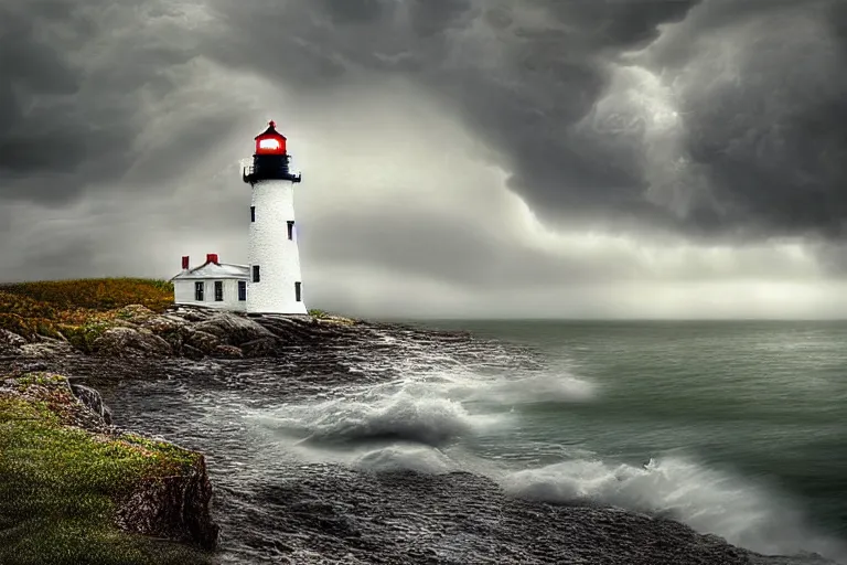 Prompt: hdr lighthouse cove in new england, stormy matte painting by andrea kowch, detailed realistic