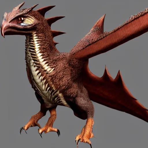 Image similar to medium sized brown feathered wyvern that stands on 2 legs with razor sharp teeth and sharp claws, extremely detailed, 4 k