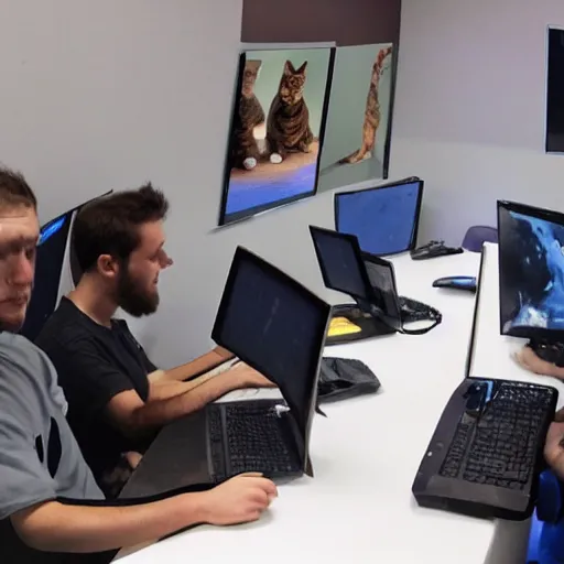 Prompt: a group of cats sitting at computers playing counter strike