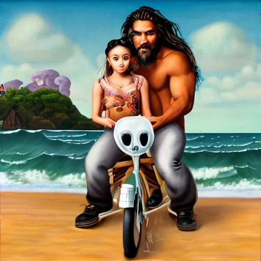 Image similar to ariana grande and jason momoa on a tandem, lowbrow painting by mark ryden