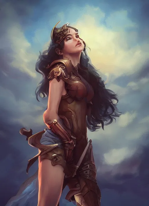 Image similar to fantasy heroine detailed looking heroically at the sky at dusk, profile, in the style of Milica Čeliković and James Daly, artstation, digital art, full figure