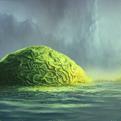 Image similar to slime monster in the lake, matte painting, detailed, elden ring, oil on canvas