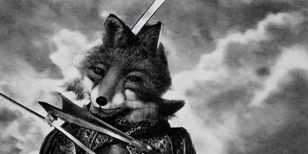 Image similar to anthropomorphic fox who is a medieval knight holding a sword towards a stormy thundercloud 1 9 3 0 s film still