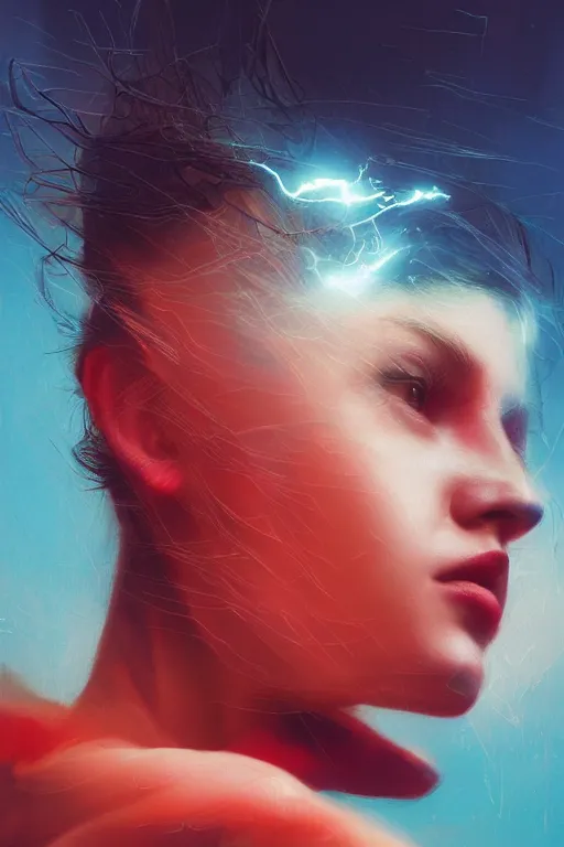 Prompt: 3 d, sci - fi, morning, sleepy fashion model face, sun, cinematic, lightning clouds, vogue cover style, light red and deep blue mood, realistic painting, intricate oil painting, high detail, figurative art, multiple exposure, poster art, 3 d, by stanley kubrick and tooth wu and wlop and beeple and greg rutkowski