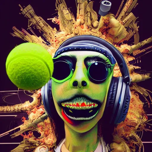 Image similar to a portrait of an anthropomorphic tennis ball monster by sandra chevrier, detailed render, tape deck, boombox, headphones, epic composition, cybernetics, 4 k realistic, cryengine, realistic shaded lighting, sharp focus, masterpiece, by matteo scalera, gary montalbano, peter elson in the style of the tokyo ghost comic