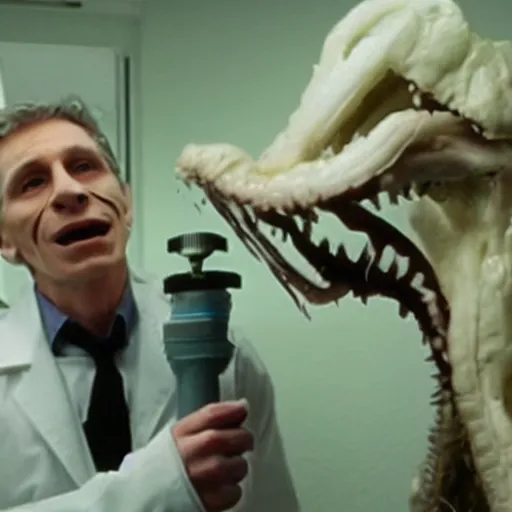 Image similar to b - grade horror film budget production a very strange creature made of cronenberg dentist drilling teeth