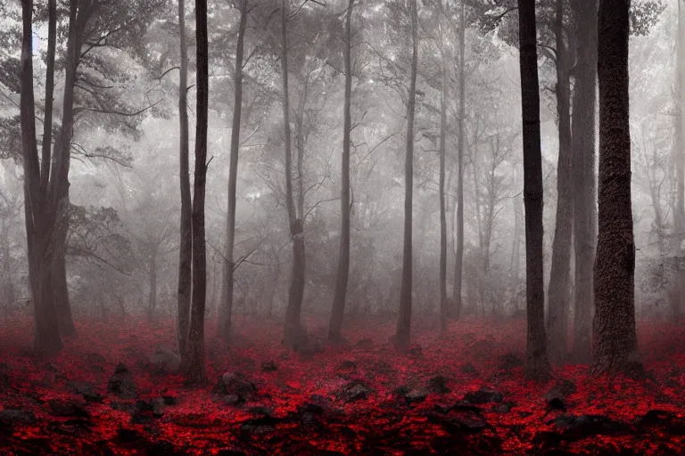 Image similar to deep dark moody forest, red fog on the ground, bleak. big stones, dark mood. mysterious. doom. realistic painting. photobashing, matte painting, highly detailed, autumn, cinematic, hyperralistic, artstation, art brut, outsider art, symbolist, dramatic lighting, god rays, clean crisp graphics, smooth sharp focus, extremely detailed