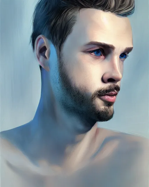 Image similar to portrait of a man in his mid - twenties with dull blue eyes, curly blond hair, short goatee, ultra realistic, epic, highly detailed, hd, sharp focus, cinematic lighting, realistic, dreamy, vivid colors, dreary, morose, matt painting, digital art, non blurry, sharp, artstation, concept art, smooth, illustration