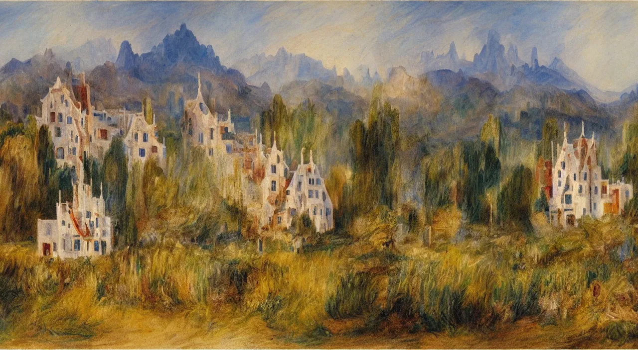 Prompt: a landscape painting of a house designed by Antoni Gaudí, with flower fields as foreground, with mountains as background, by J. M. W. Turner