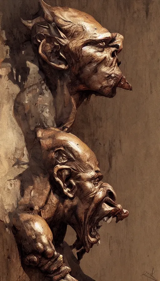 Prompt: wooden gargoyle profiles, paint texture, digital painting, highly detailed, artstation, sharp focus, sunlit, painted by ruan jia, raymond swanland, lawrence alma tadema, zdzislaw beksinski, norman rockwell, jack kirby, tom lovell, alex malveda, greg staples