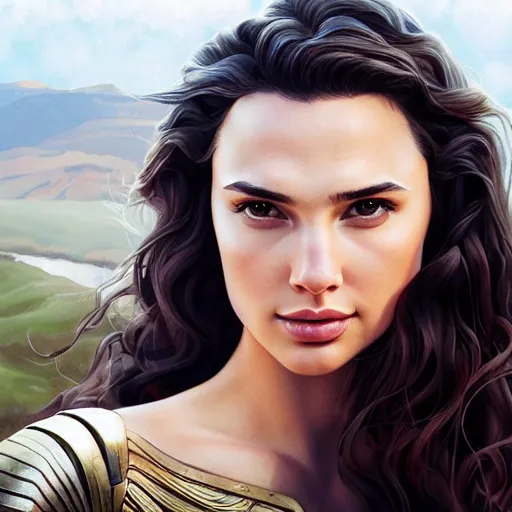 Image similar to a beautiful scenic painting of a beautiful young woman that looks like gal gadot by artgerm and wlop and wes anderson and spike jonze