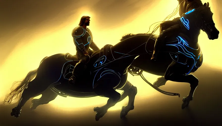 Image similar to tron legacy jesus riding cyborg horse, face, diffuse lighting, hyper realistic, concept art, intricate, hyper detailed, smooth, sharp focus, illustration, trending on artstation, art by greg rutkowski and james gurney and alphonse mucha