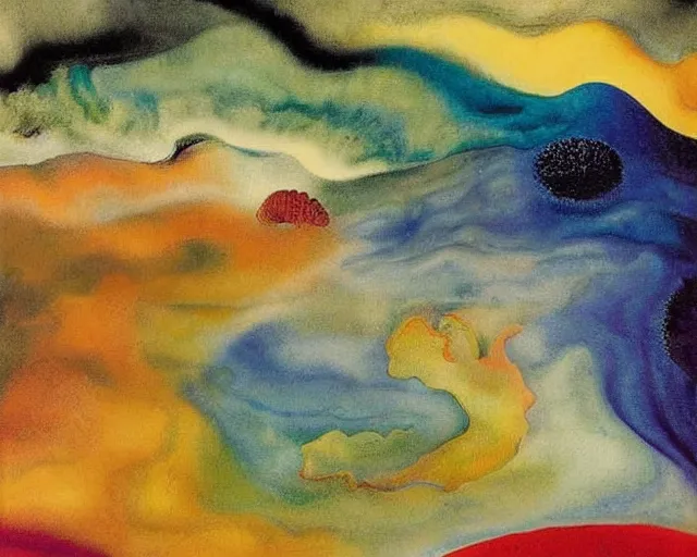 Image similar to Ocean waves in a psychedelic dream world. DMT. Curving rivers. Georgia O'Keeffe. Zao Wou-ki. Yves Tanguy.