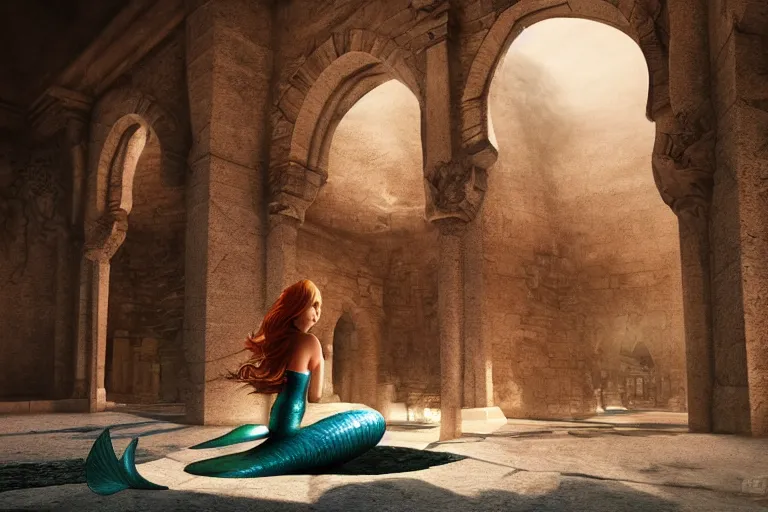 Image similar to the most amazing dream you ever had about a modern mermaid looking at an ancient castle ornated with old arabic script, hyper realistic, ambient lighting, concept art, intricate, hyper detailed, smooth, dynamic volumetric lighting, octane, cinematic