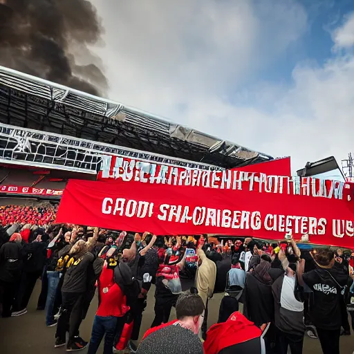 Image similar to protests at old trafford theatre of dreams against the glazers, # glazersout, stadium, chaos, protest, banners, placards, burning, owners of manchester united football club, pure evil, 8 k, wide angle lens, 1 6 - 3 5 mm, symmetry, cinematic lighting - w 1 0 2 4